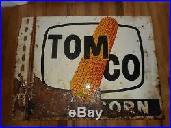 Vintage Original TOMCO Seed Corn Farm Advertising Metal 2 Sided Flange SIGN