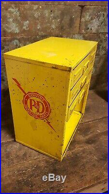 Vintage P&D Ignition Parts Cabinet Yellow Metal Advertising Auto Parts
