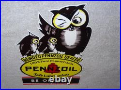 Vintage Pennzoil Be Oil Wise With 3 Owl Graphics 12 Metal Gasoline & Oil Sign
