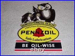 Vintage Pennzoil Be Oil Wise With 3 Owl Graphics 12 Metal Gasoline & Oil Sign