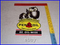 Vintage Pennzoil Be Oil Wise With 3 Owl Graphics 12 Metal Gasoline & Oil Sign