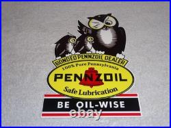 Vintage Pennzoil Be Oil Wise With 3 Owl Graphics 12 Metal Gasoline & Oil Sign