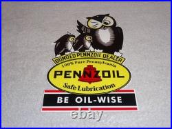 Vintage Pennzoil Be Oil Wise With 3 Owl Graphics 12 Metal Gasoline & Oil Sign