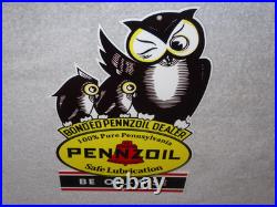 Vintage Pennzoil Be Oil Wise With 3 Owl Graphics 12 Metal Gasoline & Oil Sign