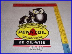 Vintage Pennzoil Be Oil Wise With 3 Owl Graphics 12 Metal Gasoline & Oil Sign