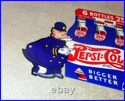 Vintage Pepsi Cola 6 Bottles + Police Policeman 12 Metal Soda Gasoline Oil Sign