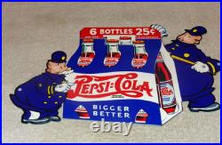 Vintage Pepsi Cola 6 Bottles + Police Policeman 12 Metal Soda Gasoline Oil Sign