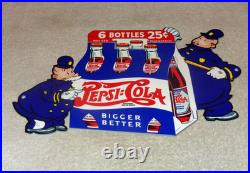 Vintage Pepsi Cola 6 Bottles + Police Policeman 12 Metal Soda Gasoline Oil Sign