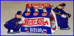 Vintage Pepsi Cola 6 Bottles + Police Policeman 12 Metal Soda Gasoline Oil Sign
