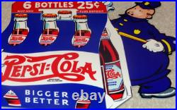 Vintage Pepsi Cola 6 Bottles + Police Policeman 12 Metal Soda Gasoline Oil Sign