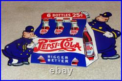 Vintage Pepsi Cola 6 Bottles + Police Policeman 12 Metal Soda Gasoline Oil Sign