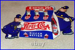 Vintage Pepsi Cola 6 Bottles + Police Policeman 12 Metal Soda Gasoline Oil Sign