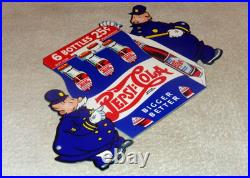 Vintage Pepsi Cola 6 Bottles + Police Policeman 12 Metal Soda Gasoline Oil Sign