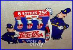 Vintage Pepsi Cola 6 Bottles + Police Policeman 12 Metal Soda Gasoline Oil Sign