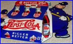 Vintage Pepsi Cola 6 Bottles + Police Policeman 12 Metal Soda Gasoline Oil Sign
