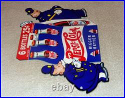 Vintage Pepsi Cola 6 Bottles + Police Policeman 12 Metal Soda Gasoline Oil Sign