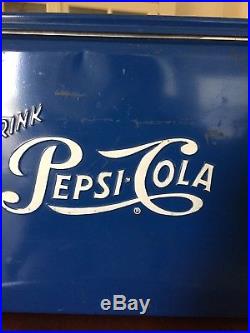 Vintage Pepsi Cola Cooler Metal HTF 1950s Blue Cronstroms Picnic Embossed Sign