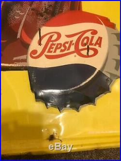 Vintage Pepsi-Cola Vertical Metal Bottle Sign Yellow 1959 Embossed 46 X 16 1/2
