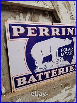 Vintage Perrine Sign Old Battery Polar Bear Metal Tin Tacker Coshocton Ohio Sign