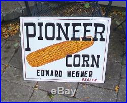 Vintage Pioneer Hybrids Seed Corn 2 Sided Metal Dealer Farm Sign Old & Original