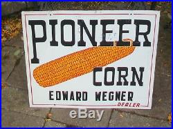 Vintage Pioneer Hybrids Seed Corn 2 Sided Metal Dealer Farm Sign Old & Original