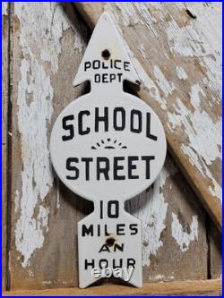 Vintage Police Department Porcelain Sign Old School Street Speed Zone Arrow Kid