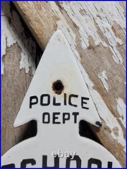 Vintage Police Department Porcelain Sign Old School Street Speed Zone Arrow Kid