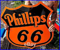 Vintage Porcelain Phillips 66 Gasoline Metal 30 inch Shield Dircut Sign Gas Oil