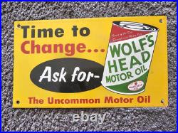 Vintage Porcelain Wolf's Head Motor Oil Porcelain Metal Sign Size 12 X 7
