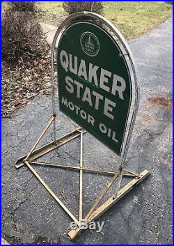 Vintage Quaker State Metal Tombstone Sign with Original Stand 2-76