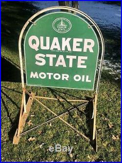 Vintage Quaker State Metal Tombstone Sign with Original Stand 2-76