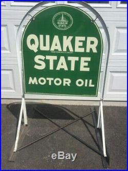 Vintage Quaker State thick Metal Tombstone Sign double sided with Original Stand
