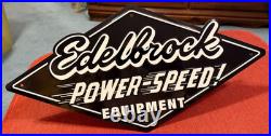 Vintage RARE Edelbrock POWER SPEED EQUIPMENT EMBOSSED Metal Sign Garage Gas