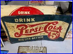 Vintage RARE Pepsi 5 Cent Drink Pepsi Double-Dot Metal Sign Original GAS OIL COL