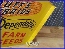 Vintage RUFF'S HYBRID SEED FARM Double Sided Metal Flange Sign, 1965 NOS