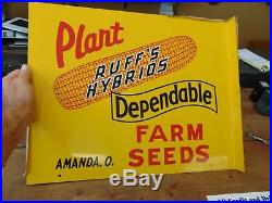 Vintage RUFF'S HYBRID SEED FARM Double Sided Metal Flange Sign, 1965 NOS