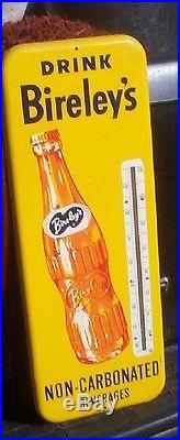 Vintage Rare 10inX26in Bireleys Orange Soda Pop Metal Thermometer Sign With Bottle
