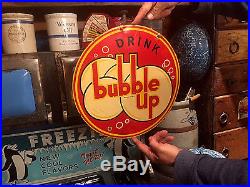 Vintage Rare 1940 Bubble up Soda Pop Metal Round Sign 12in 2sided Sprite 7up