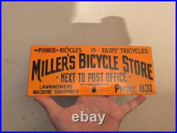 Vintage Rare Miller's Bicycle Store Porcelain Metal Sign Pierce Fairy Tricycles