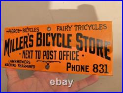 Vintage Rare Miller's Bicycle Store Porcelain Metal Sign Pierce Fairy Tricycles