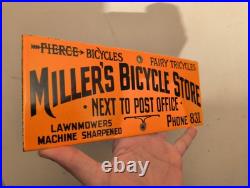 Vintage Rare Miller's Bicycle Store Porcelain Metal Sign Pierce Fairy Tricycles