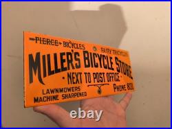 Vintage Rare Miller's Bicycle Store Porcelain Metal Sign Pierce Fairy Tricycles