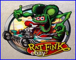 Vintage Ratfink Drives Custom Roadster Hot Rod Metal Gasoline Oil Rat Fink Sign