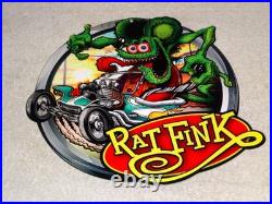 Vintage Ratfink Drives Custom Roadster Hot Rod Metal Gasoline Oil Rat Fink Sign
