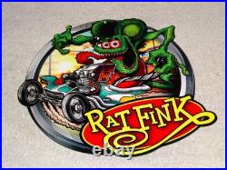 Vintage Ratfink Drives Custom Roadster Hot Rod Metal Gasoline Oil Rat Fink Sign