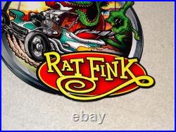 Vintage Ratfink Drives Custom Roadster Hot Rod Metal Gasoline Oil Rat Fink Sign