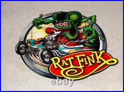 Vintage Ratfink Drives Custom Roadster Hot Rod Metal Gasoline Oil Rat Fink Sign