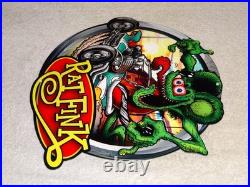 Vintage Ratfink Drives Custom Roadster Hot Rod Metal Gasoline Oil Rat Fink Sign