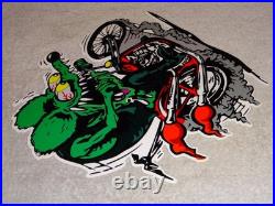 Vintage Ratfink Rides Motorcycle 12 Porcelain Metal Rat Fink Gasoline Oil Sign
