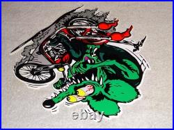 Vintage Ratfink Rides Motorcycle 12 Porcelain Metal Rat Fink Gasoline Oil Sign
